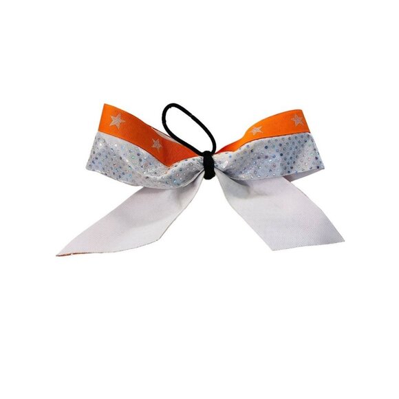 Girls Oversize Hair Bow 8" Elastic Ponytail Silver Orange Star Print - Picture 13 of 16